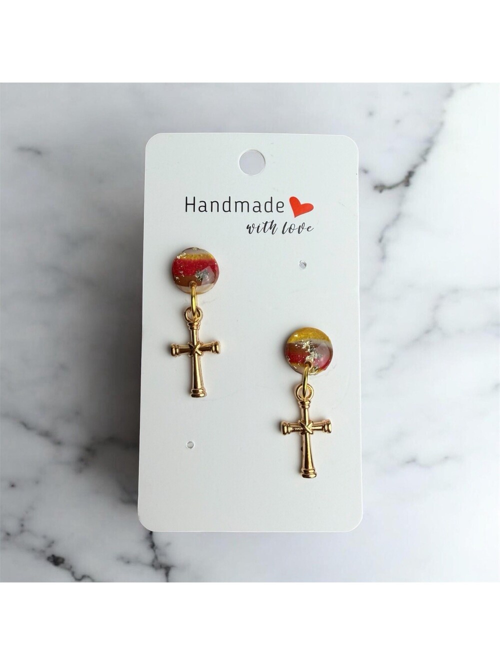 Handmade Polymer Clay Cross Dangle Earrings Red Gold Christian Faith Jewelry